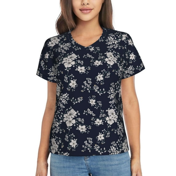 Xecao Retro Flower for Women's V-Neck T-Shirts-Elegant Half-Sleeve Tops Perfect for Summer-XX-Large