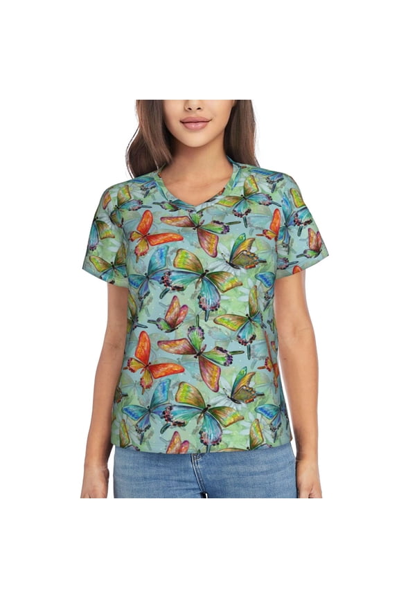 Retro Flying Butterflies for Women's V-Neck T-Shirts-Elegant Half-Sleeve Tops Perfect for Summer-Small