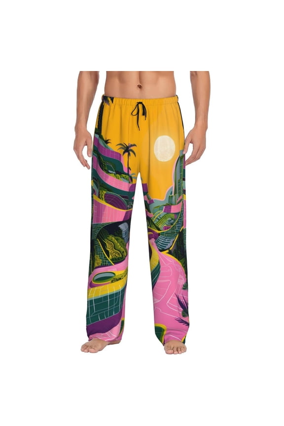 Retro Futuristic Landscape Print Men's Straight Lounge Pajama Pants - The Ultimate in Comfortable Sleepwear-Medium