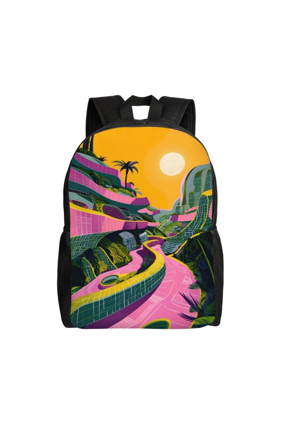 Retro Futuristic Landscape Print School Backpack with Laptop Compartment Small Travel Laptop Backpack for Women Men Waterproof College Backpack Simple School Bag