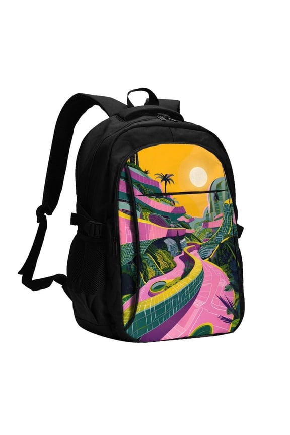 Retro Futuristic Landscape for Travel Laptop Backpack, USB-Charging-Enabled, Spacious Business Backpack for Men and Women,College School Computer Bag