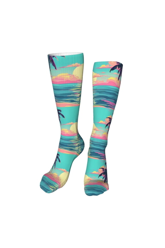Retro Palm Beach Sunset Print Calf Socks Seamless Toe, Knee High Long Socks, Sports Socks Trouser Socks for Women and Men-One Size