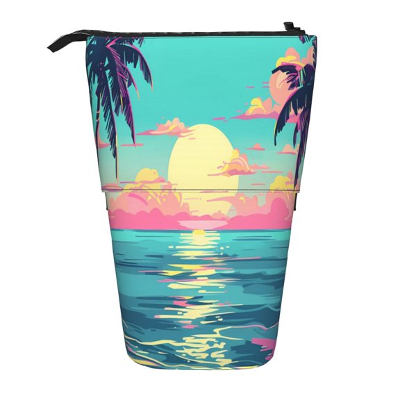 Xecao Retro Palm Beach Sunset Print Telescopic Pencil Bag Pen Holder Pop Up Stationery Case Stand-up Retractable Transformer Bag Standing Organizer