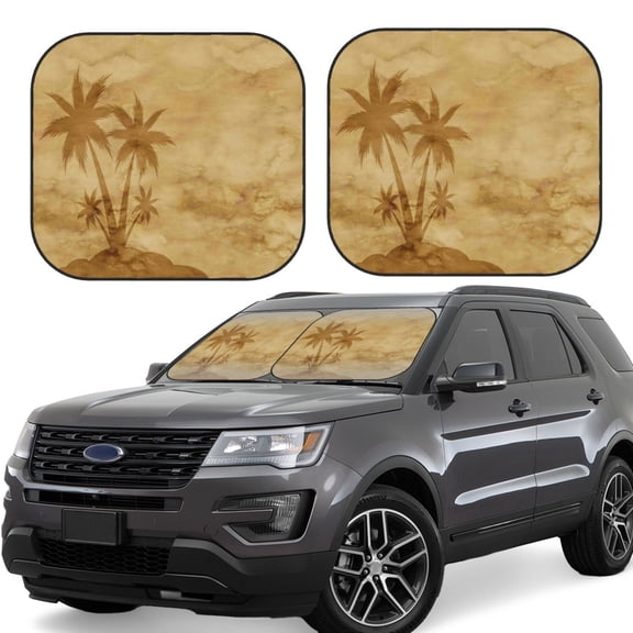 Xecao Retro Palm Tree for Foldable Car Sun Shades (2-Pack) offer sun protection with an easy-fold design for convenient windshield shading.