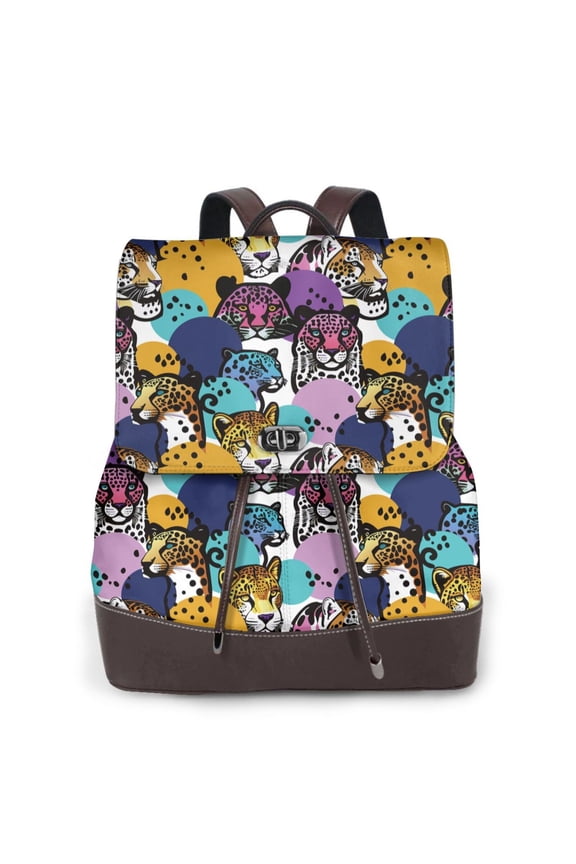 Retro Panther Print Large Backpack Soft Leather for Women Travel with Compartment, Adjustable Convertible Strap
