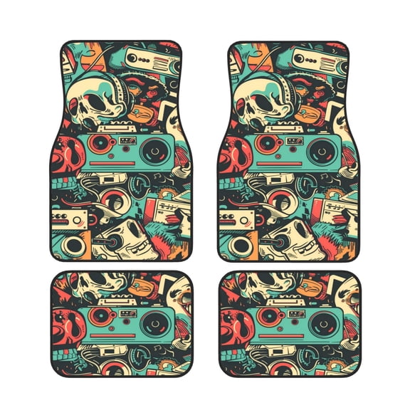 Xecao Retro Pop Art Collage Print Car Foot Mat Set of 4 Pieces Neoprene All-Weather Dust-Proof Stain-resistantCar Interior Decorative mats Non-Slip Mats