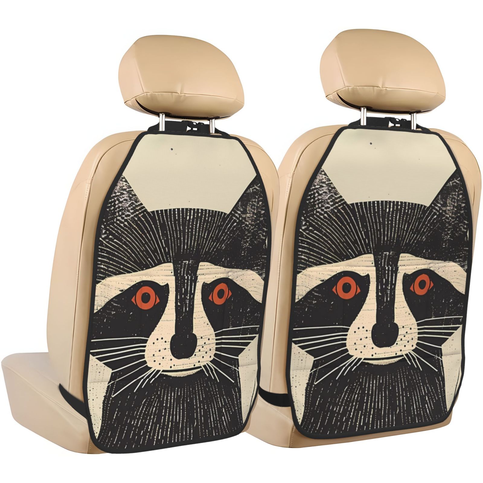 Xecao Retro Raccoon Graphic Print Pattern Car Seat Back Protector 2 Pack Large Capacity Pocket, Kick Mats Back Seat Protector