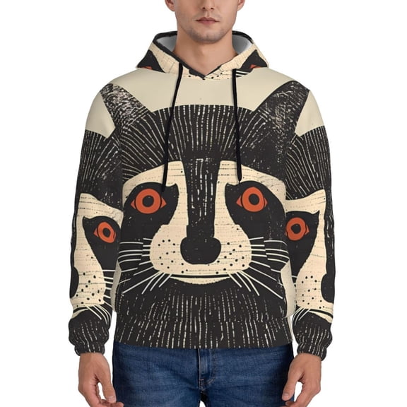 Xecao Retro Raccoon Graphic Print Pattern Men's Adult Pullover Hoodie,Hooded Sweatshirt-Large