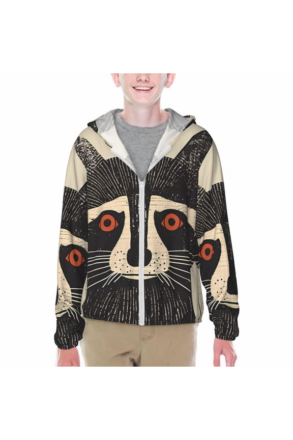Retro Raccoon Graphic Print Print Fishing Shirts for teenager Long Sleeve UV Sun Protection Hoodie with Zipper Outdoor Hiking Shirts-Small