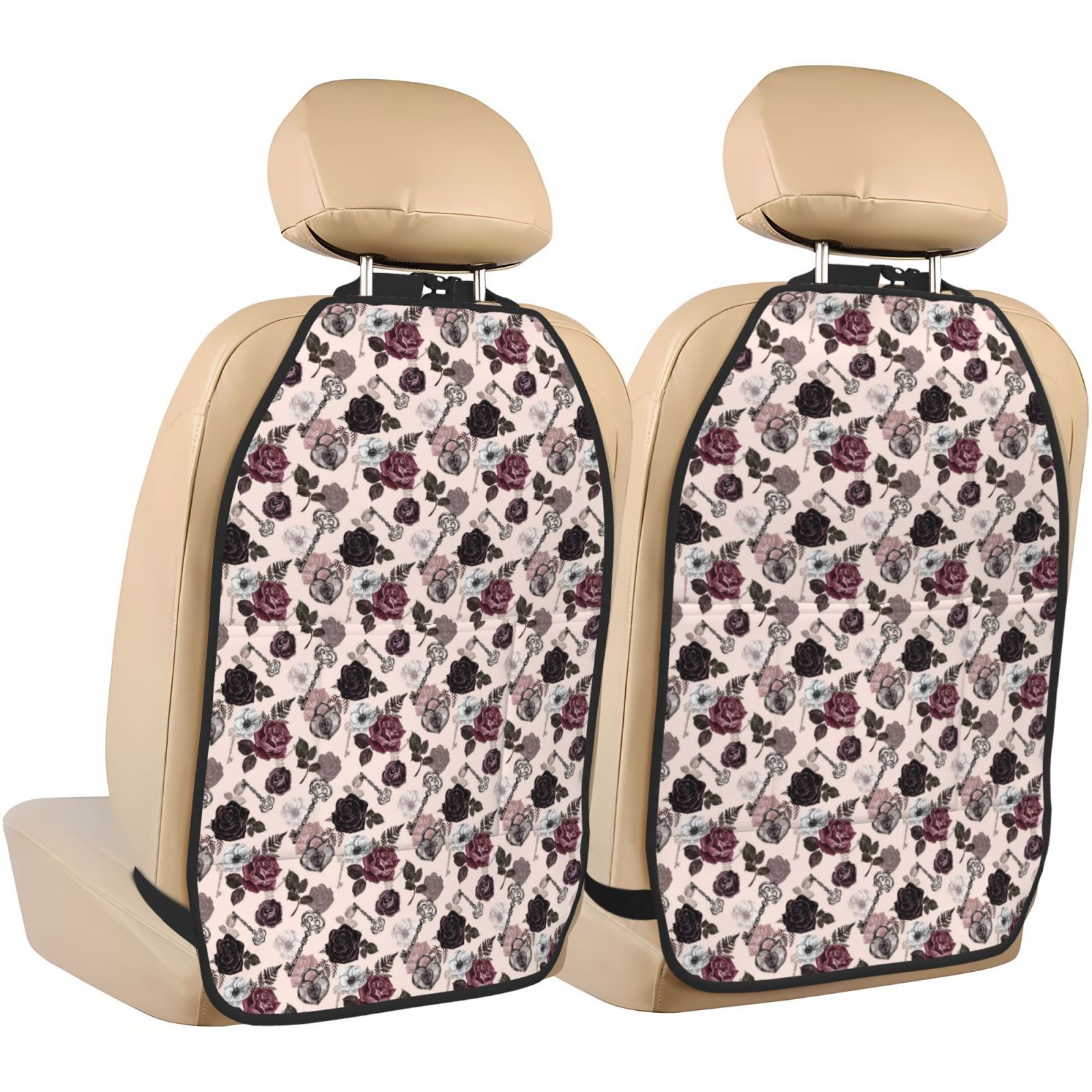 Xecao Retro Red Black Roses Pattern Car Seat Back Protector 2 Pack Large Capacity Pocket, Kick Mats Back Seat Protector