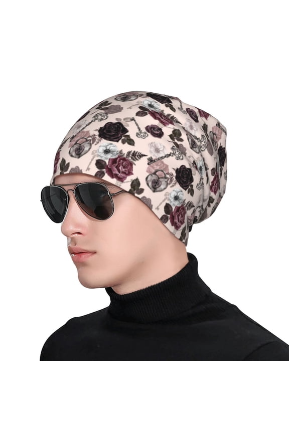 Retro Red Black Roses Print Beanie Knitted Hat for Men Women, Winter Fashion Knit Cuffed Caps Unisex
