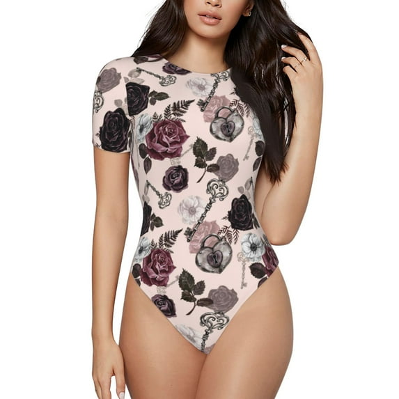 The Xecao Retro Red Black Roses Women's Crew Neck Body Suit, a short-sleeved bodysuit and basic swimsuit, both comfort and style for dating and daily life
