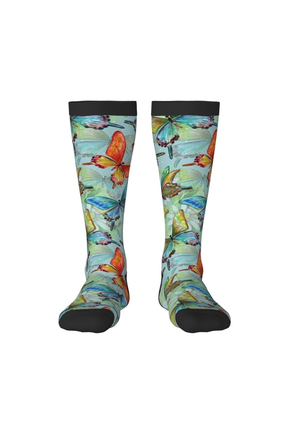 Retro Seamless Flying Butterflies print thigh-high socks, crafted for both men and women with a stretchy, high-opaque design perfect for daily wear