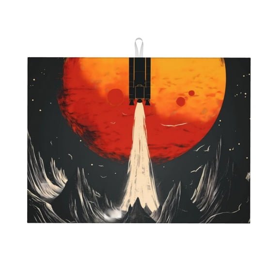 Xecao Retro Space Rocket Launch Patten Drying Mat,Dish Drying Mats for Kitchen Counter,Super Absorbent Dish Drying Pads 1824 Inch