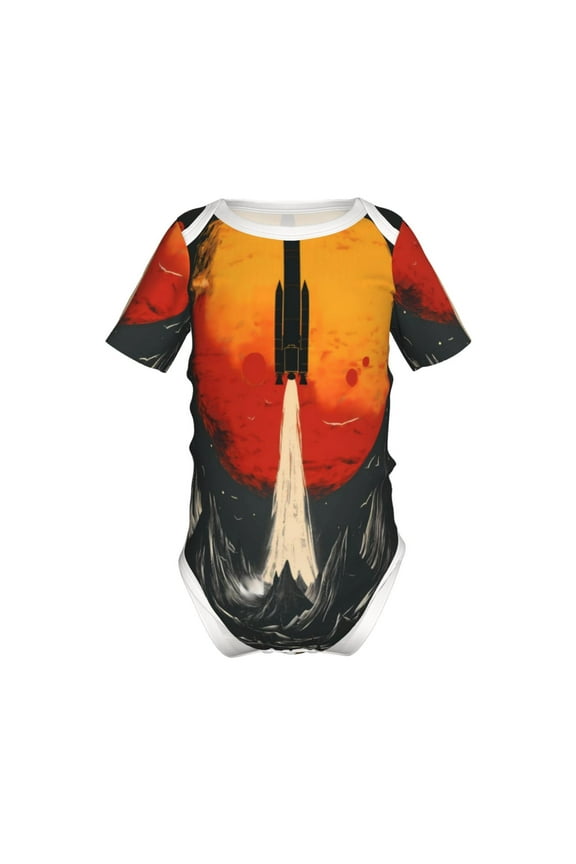 Retro Space Rocket Launch Pattern Baby Climbing Bodysuit Short Sleeve Onesie Unisex 0-12 Months Baby Shirt Newborn Outfits Crotch snap design-2 Years