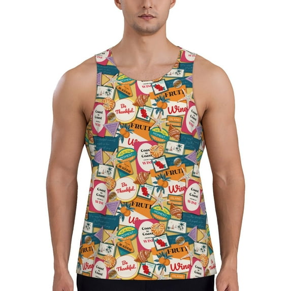 Xecao Retro Summer Stamp Men's Tank Top Workout Quick Dry Sleeveless Gym Jogging Muscle Shirts Summer Swim Beach Tops