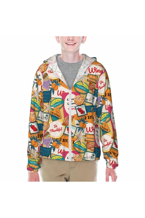 Retro Summer Stamp Print Fishing Shirts for teenager Long Sleeve UV Sun Protection Hoodie with Zipper Outdoor Hiking Shirts-Large