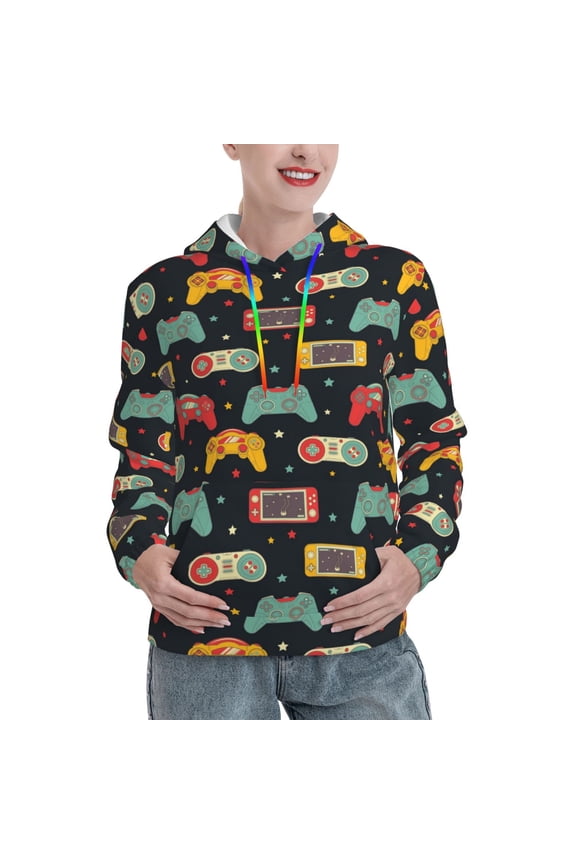 Retro Video Game Pattern Hoodies for Women Sweatshirts Long Sleeve Sweatshirts Pullover Outfits with Pocket-Large