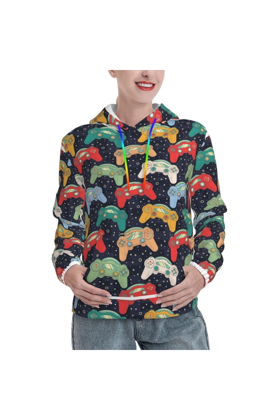 Retro Video Game Pattern Hoodies for Women Sweatshirts Long Sleeve Sweatshirts Pullover Outfits with Pocket-Medium