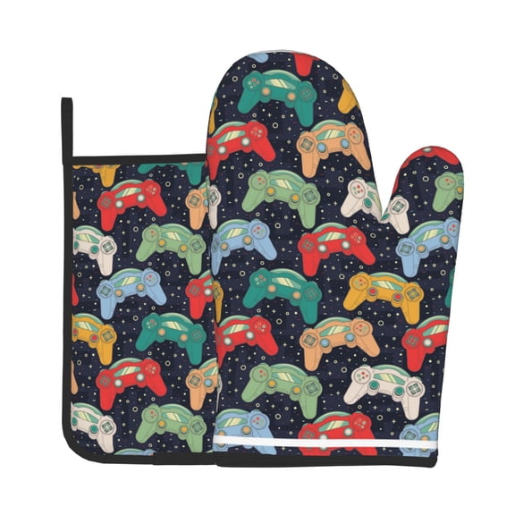 Xecao Retro Video Game Pattern Oven Mitts and Pot Holders Sets Heat Resistant Silicone Oven Mittens Extra Thicken Long Kitchen Cotton Oven Glove for Cooking