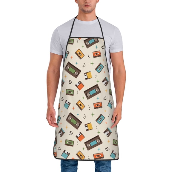 Xecao Retro Vintage Tape Print Funny BBQ Chef Aprons for Men Women,Adjustable Kitchen Cooking Aprons with Pocket Waterproof Oil Proof No Pilling Fading