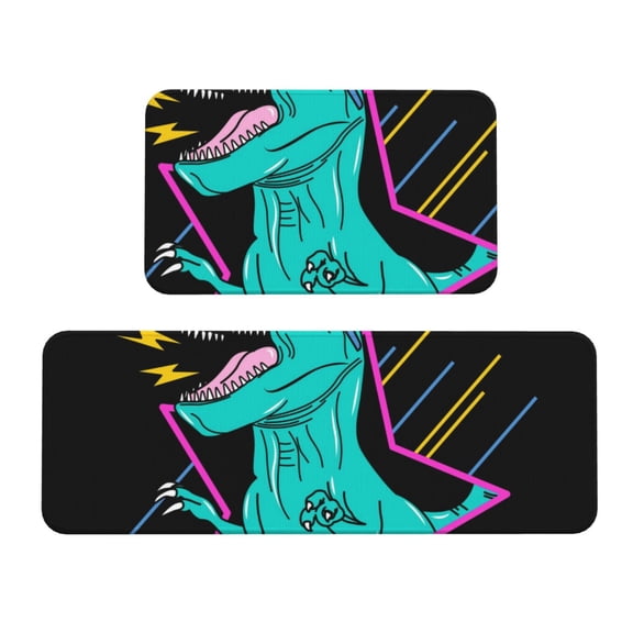 Xecao Rex Dinosaur With Sunglasses Patten Kitchen Rugs and Mats Sets,2 Pieces Non-Slip Washable Rugs, Kitchen Mat for Floor,Suit for Kitchen Decor and Accessories