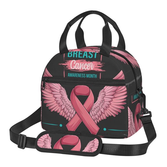Xecao Ribbon With Angel Wings Print Insulated Lunch Box, Lunch Cags Lunch Bag Featuring An Adjustable Shoulder Strap