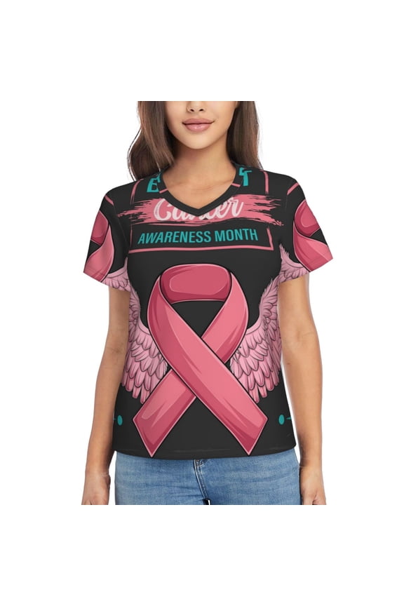 Ribbon With Angel Wings for Women's V-Neck T-Shirts-Elegant Half-Sleeve Tops Perfect for Summer-Medium