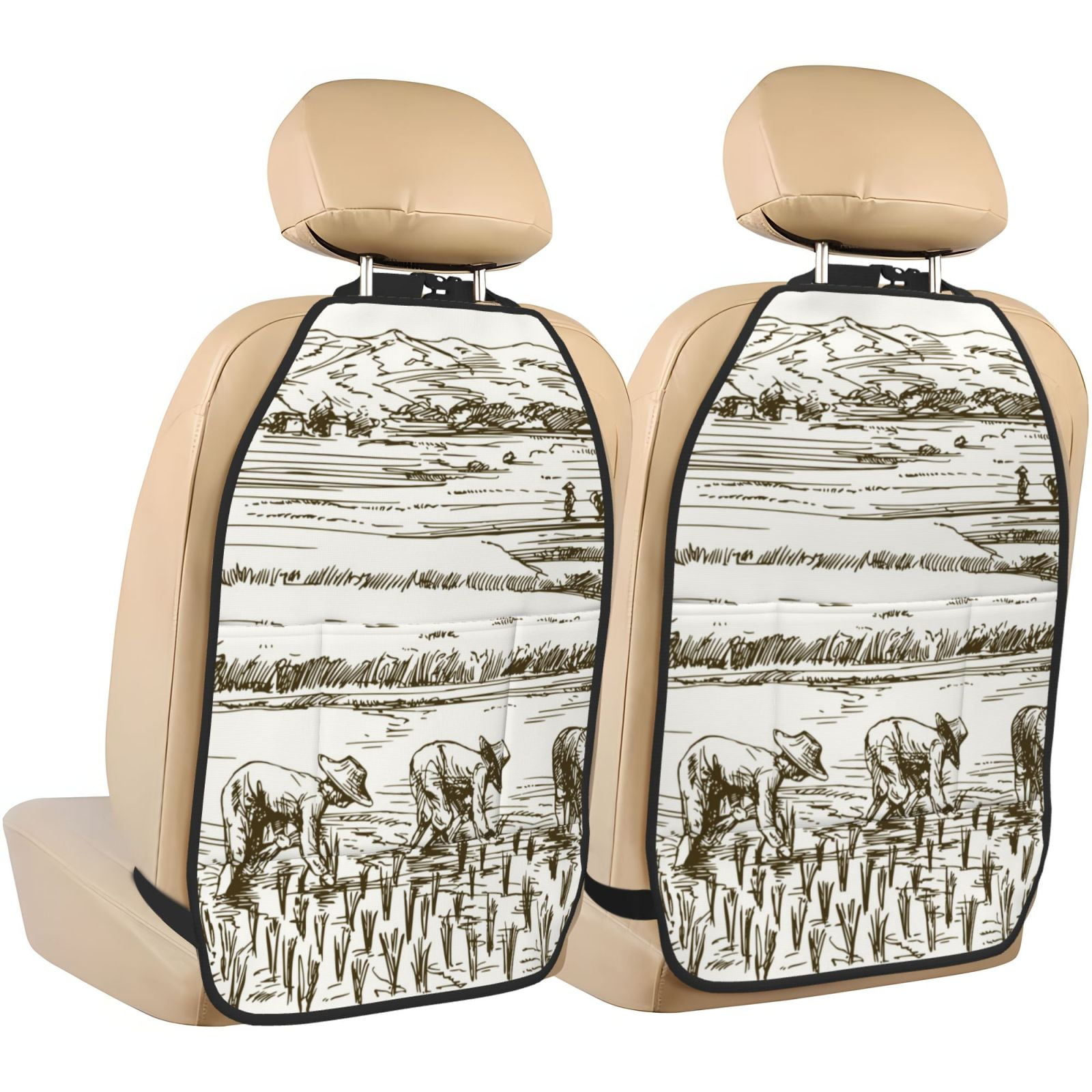 Xecao Rice Harvest Pattern Car Seat Back Protector 2 Pack Large Capacity Pocket, Kick Mats Back Seat Protector
