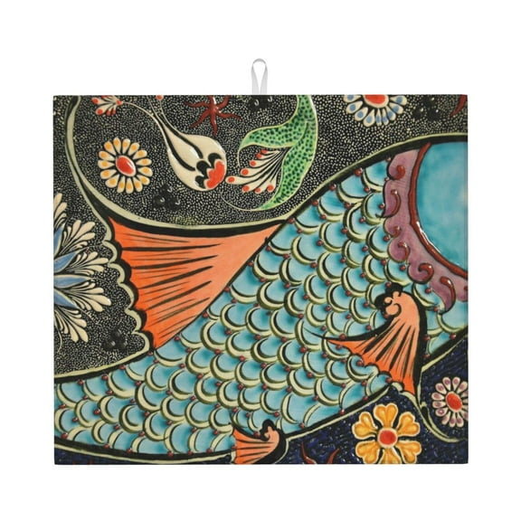 Xecao Rich Fish Print Dish Drying Mat for Kitchen Counter,Absorbent Coffee Bar Mat, Dish Drainer Rack Mats,Dining Room Decoration