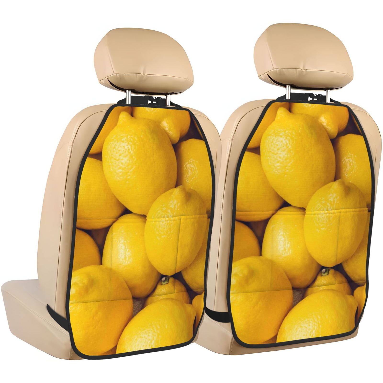 Xecao Ripe Yellow Lemon Pattern Car Seat Back Protector 2 Pack Large Capacity Pocket, Kick Mats Back Seat Protector