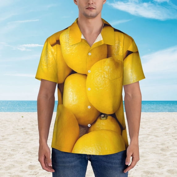 Xecao Ripe Yellow Lemon print Hawaiian shirt - a stylish short-sleeve button-down for men, perfect for casual beach and tropical outings.