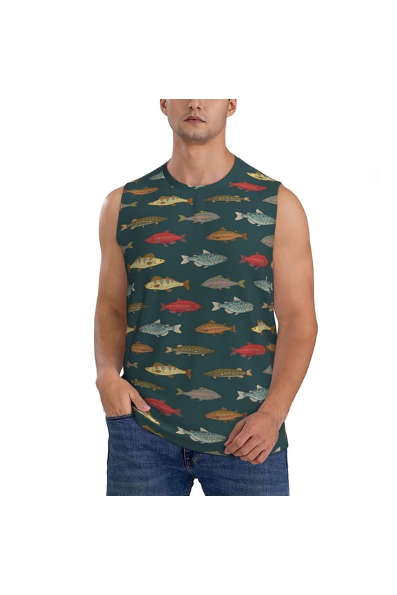 River Freshwater Fish Print Men's Tank Top: Sleek Sleeveless Tee for Casual Sports and Beach Occasions-X-Large