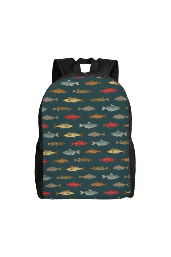 River Freshwater Fish Print School Backpack with Laptop Compartment Small Travel Laptop Backpack for Women Men Waterproof College Backpack Simple School Bag