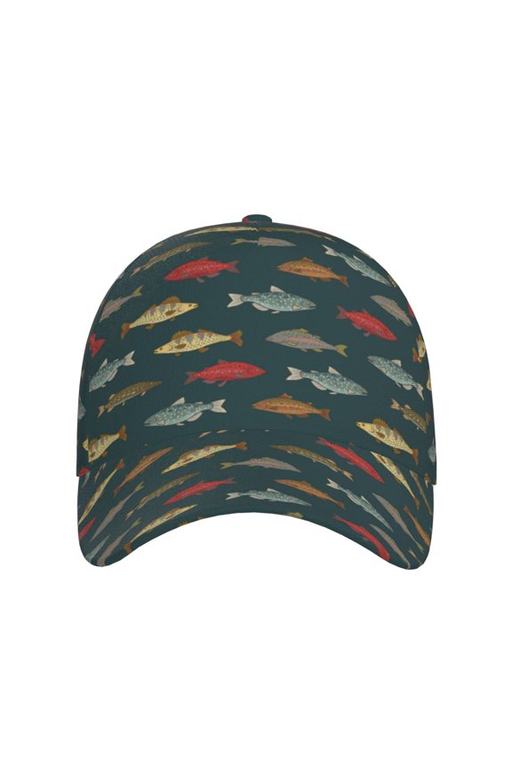 River Freshwater Fish for Baseball Cap: Unisex, crafted from classic polyester twill fabric, featuring a soft unconstructed design