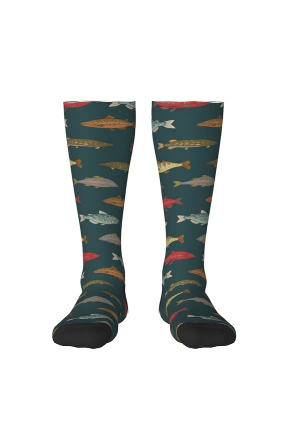 River Freshwater Fish print thigh-high socks, crafted for both men and women with a stretchy, high-opaque design perfect for daily wear