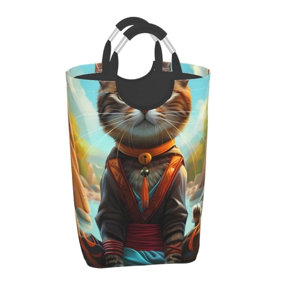 Xecao Riverside Meditating Cat for Laundry Basket,Collapsible Large Laundry Hamper,Wash Bag for Laundry Room, Rolling Laundry Basket with Handles