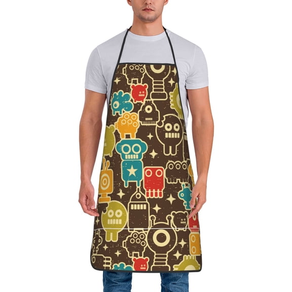 Xecao Robot and Monsters Print Funny BBQ Chef Aprons for Men Women,Adjustable Kitchen Cooking Aprons with Pocket Waterproof Oil Proof No Pilling Fading