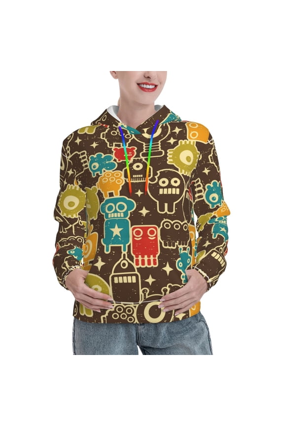 Robot and Monsters Pattern Hoodies for Women Sweatshirts Long Sleeve Sweatshirts Pullover Outfits with Pocket-Medium