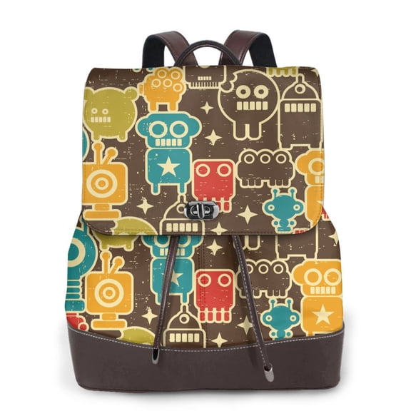 Xecao Robot and Monsters Print Large Backpack Soft Leather for Women Travel with Compartment, Adjustable Convertible Strap