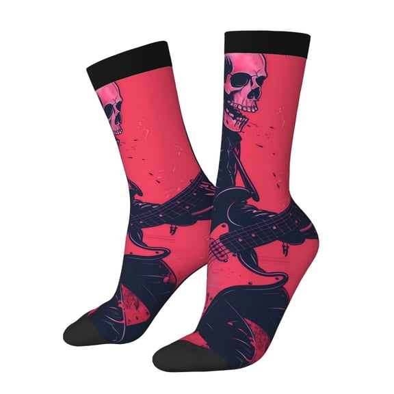 Xecao Rock Skull Guitarist Pattern Sport Socks for Women and Men Crew Socks Sporty Calf Socks Casual Socks