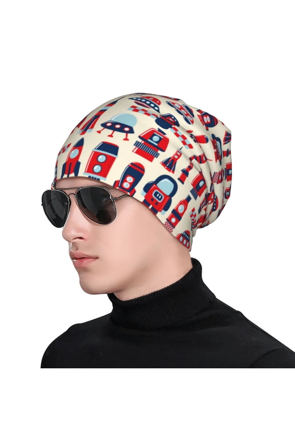 Rocket Pattern Print Beanie Knitted Hat for Men Women, Winter Fashion Knit Cuffed Caps Unisex