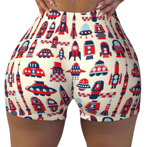Xecao Rocket Pattern Print Workout Shorts for Women Soft Smooth Gym Yoga Scrunch Active Tennis Workout Running Shorts