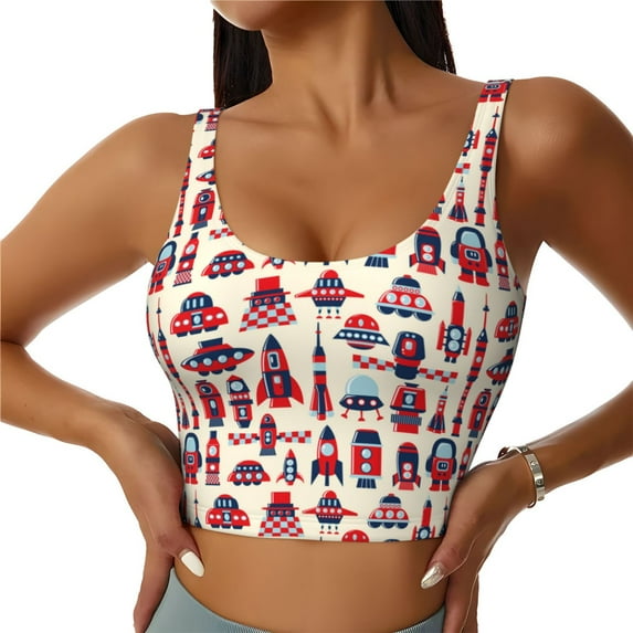 Xecao Rocket Pattern for Sports Bra with Removable Pads, Crop Tank Top Design, Women's Longline Sports Bra - Non-Wired - XX-Large