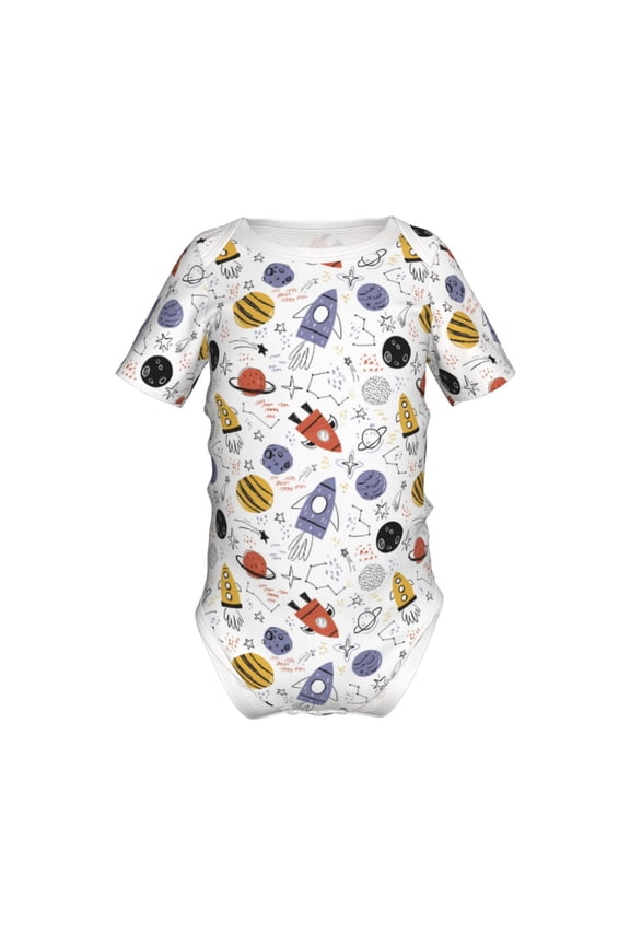 Rocket Planets Pattern Baby Climbing Bodysuit Short Sleeve Onesie Unisex 0-12 Months Baby Shirt Newborn Outfits Crotch snap design-2 Years