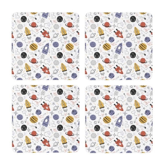 Xecao Rocket Planets for MDF Cork Coaster 4 Pcs,Drink Coasters,Suit for House Warming Gifts New Home ,Coffee Table Decor-Square