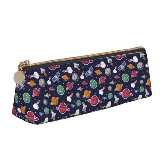 Xecao Rocket Satellite Print Leather Pencil Case -Stationery Bag Pen Holder for Work & Office