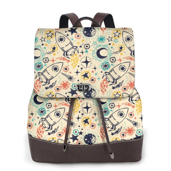 Xecao Rockets Print Large Backpack Soft Leather for Women Travel with Compartment, Adjustable Convertible Strap