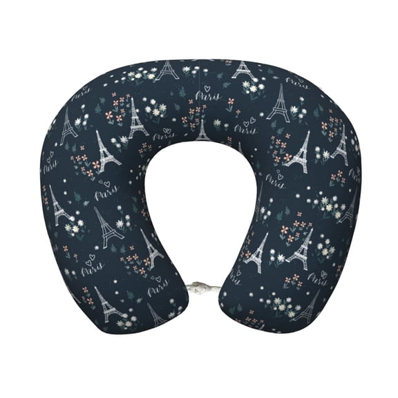 Xecao Romantic Eiffel Tower Print Memory Foam Cervical Neck Pillow Versatile U-Shaped Pillows for Home,Office,Camping,Travelling,Soft Washable Cover
