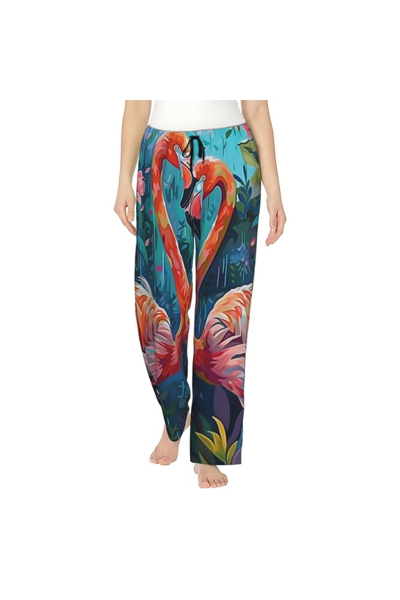Romantic Flamingo Pair Print Women's Straight Lounge Pajama Pants,The Epitome of Relaxed Sleepwear-Small